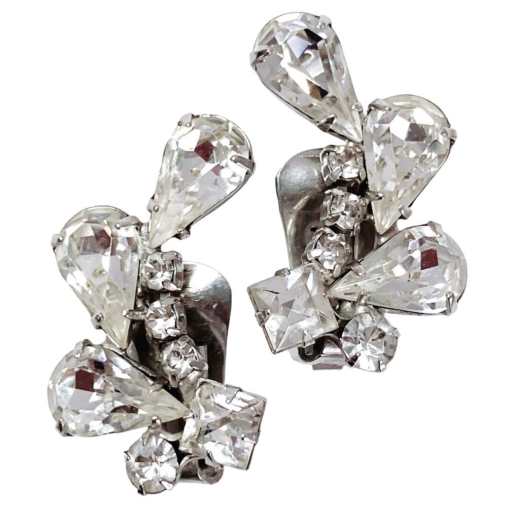 VTG Signed Weiss 1950s Cocktail Earrings Rhinestone Mid Century Clip On Sparkly